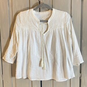 RACHEL ZOE Peasant Top Sz Med Off White Embroidered Boho Blouse Flowy Sparkles